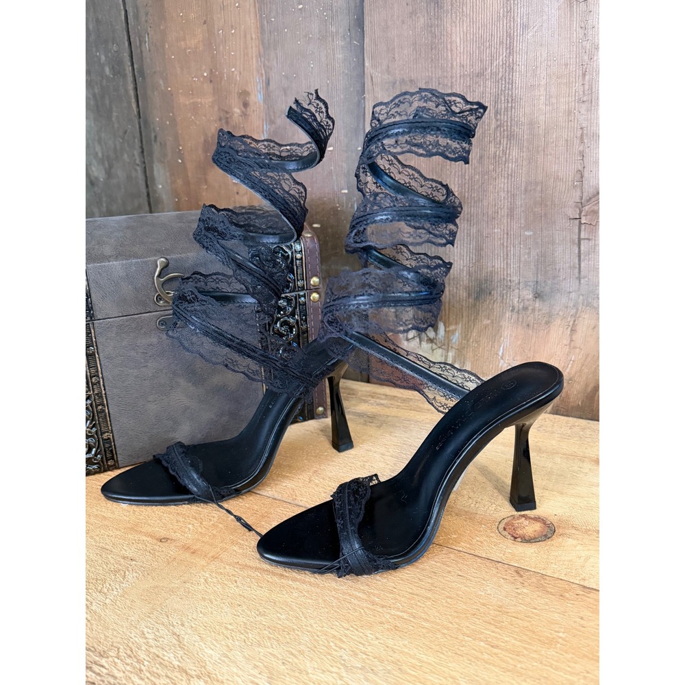 Wild Diva Lounge Black Lace Wrap Heels Size 6.5 Coquette Balletcore Goth Sandals
